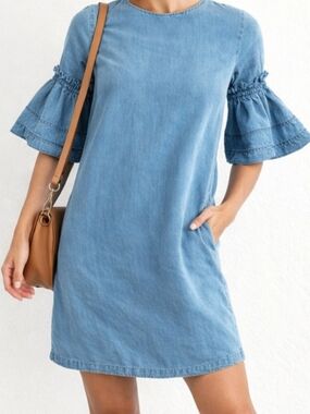 Saragona Chambray Blue Ruffle Bell Sleeve Dress Size Small Boho